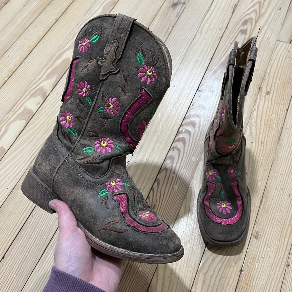 Roper Western Cowboy Boots Little Kids Size 2 Brown Pink Floral Glitter Boots
